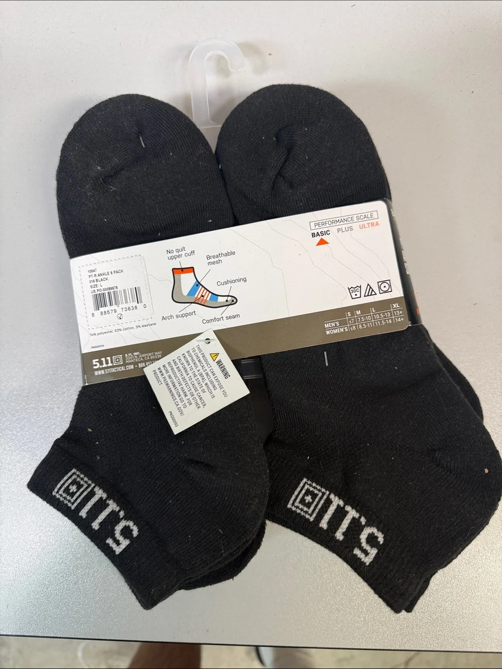 5.11 TACTICAL Men's PT-R Basic Ankle Socks (6-Pack) Size L in Black